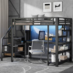 Metal Loft Bed 140x200cm with Stairs, Integrated Desk, Wardrobe, USB Charging and LED Lighting, Black