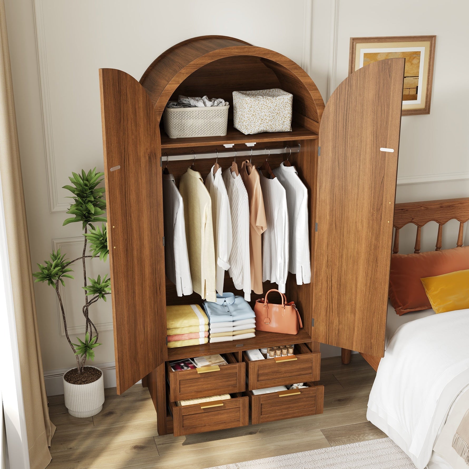 Modern Wardrobe with Curved Doors, Clothes Rail and Drawers, Walnut MDF