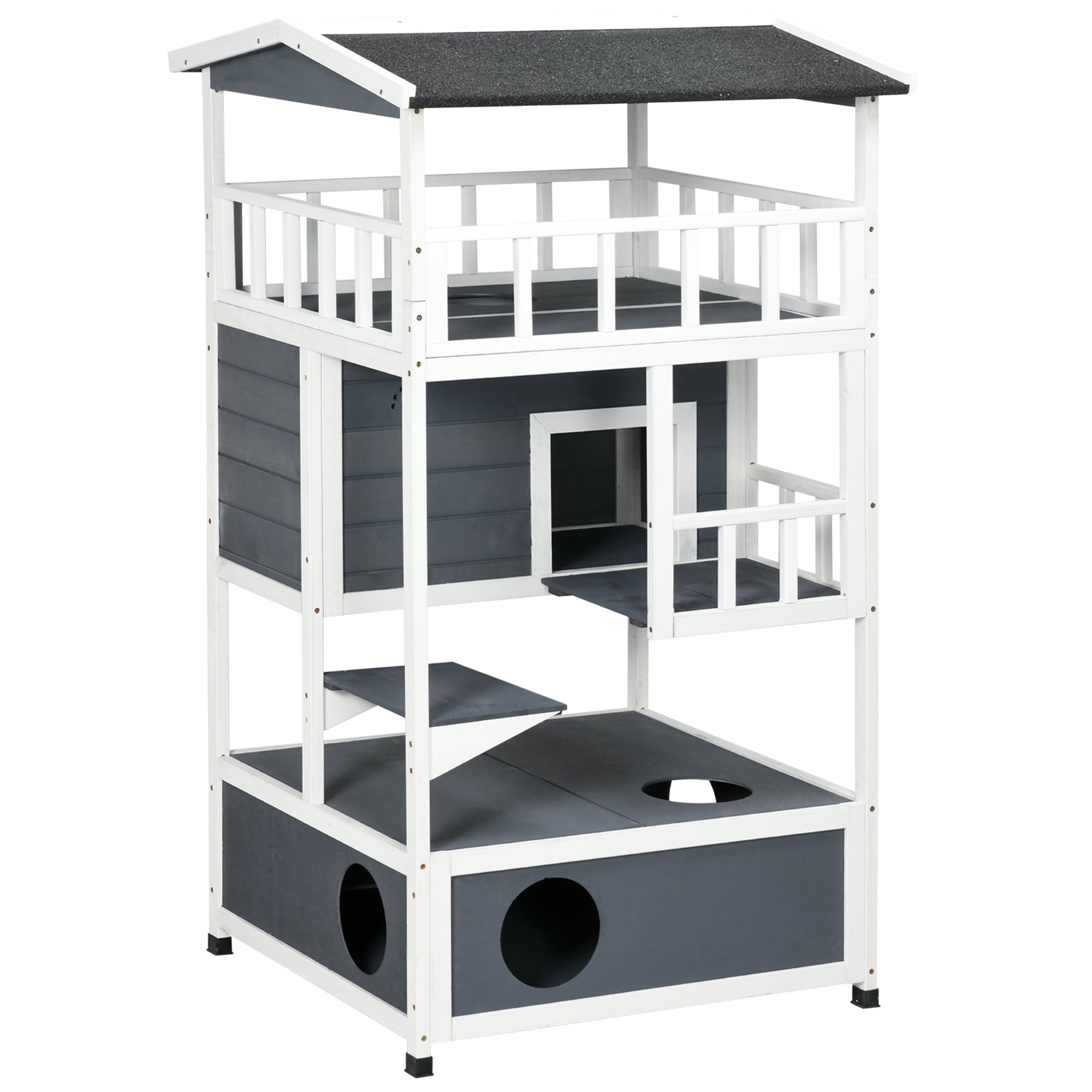 Cat House, 4-Story Balcony Stairs, Solid Wood, Gray
