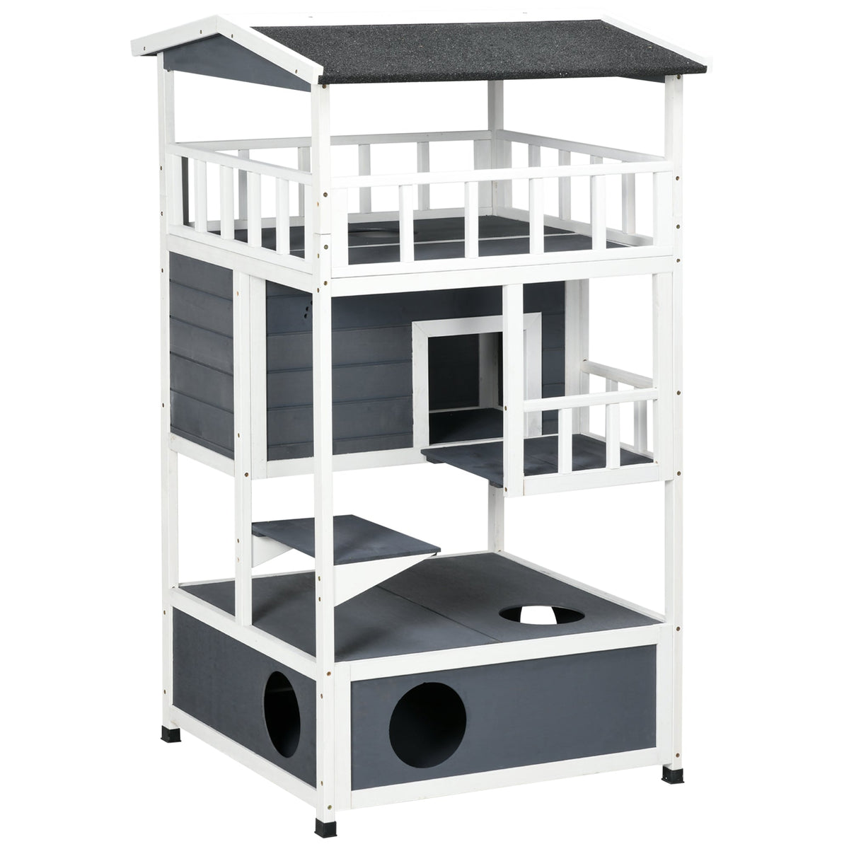 Cat House, 4-Story Balcony Stairs, Solid Wood, Gray
