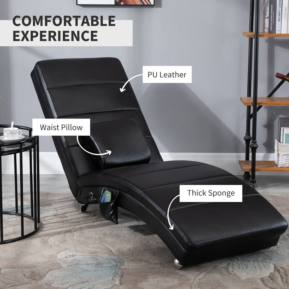 Leather Recliner with Massage Function, 8 Massage Points, Remote Control, High Backrest, Black