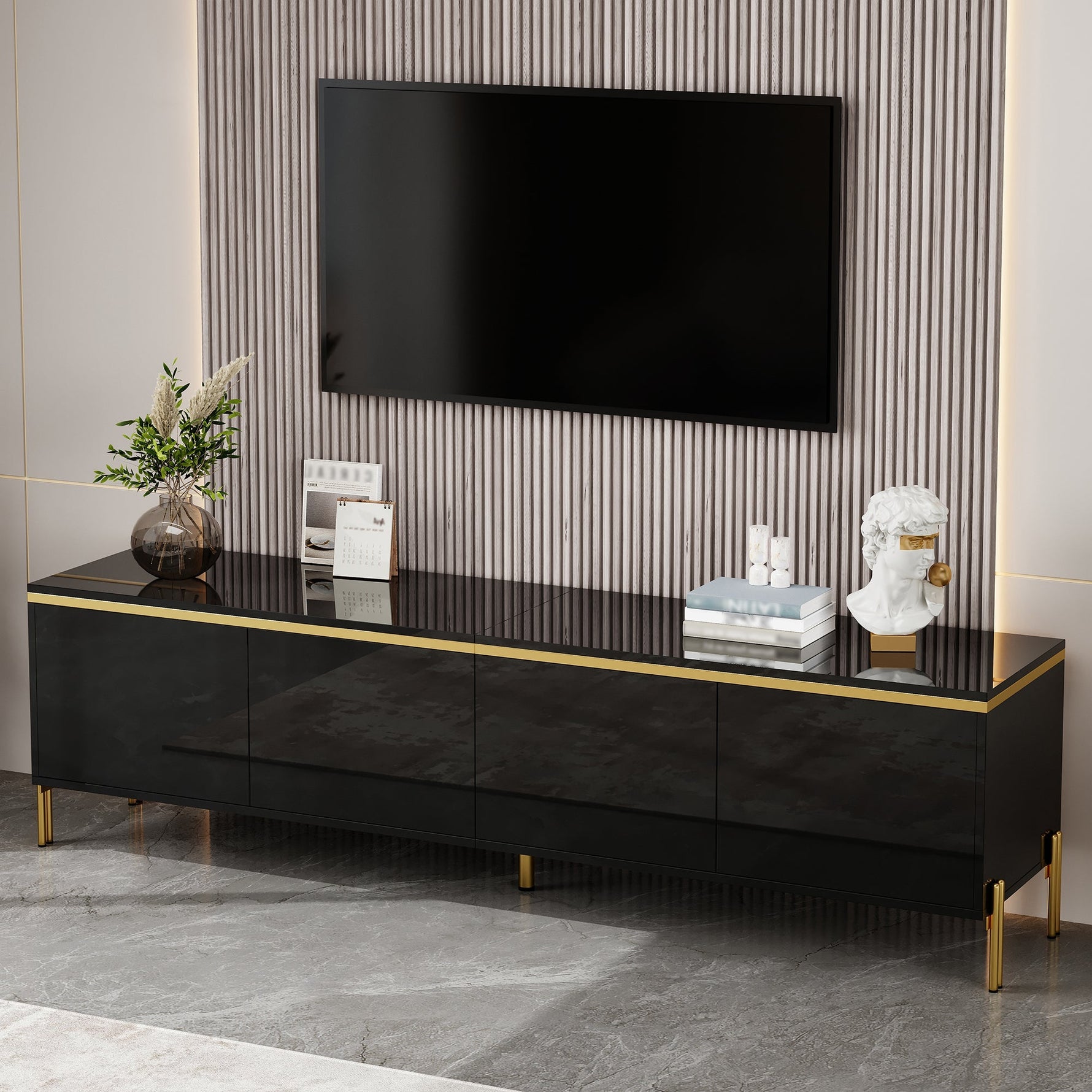 TV Stand Modern High-Gloss Storage 4 Doors Gold Trim