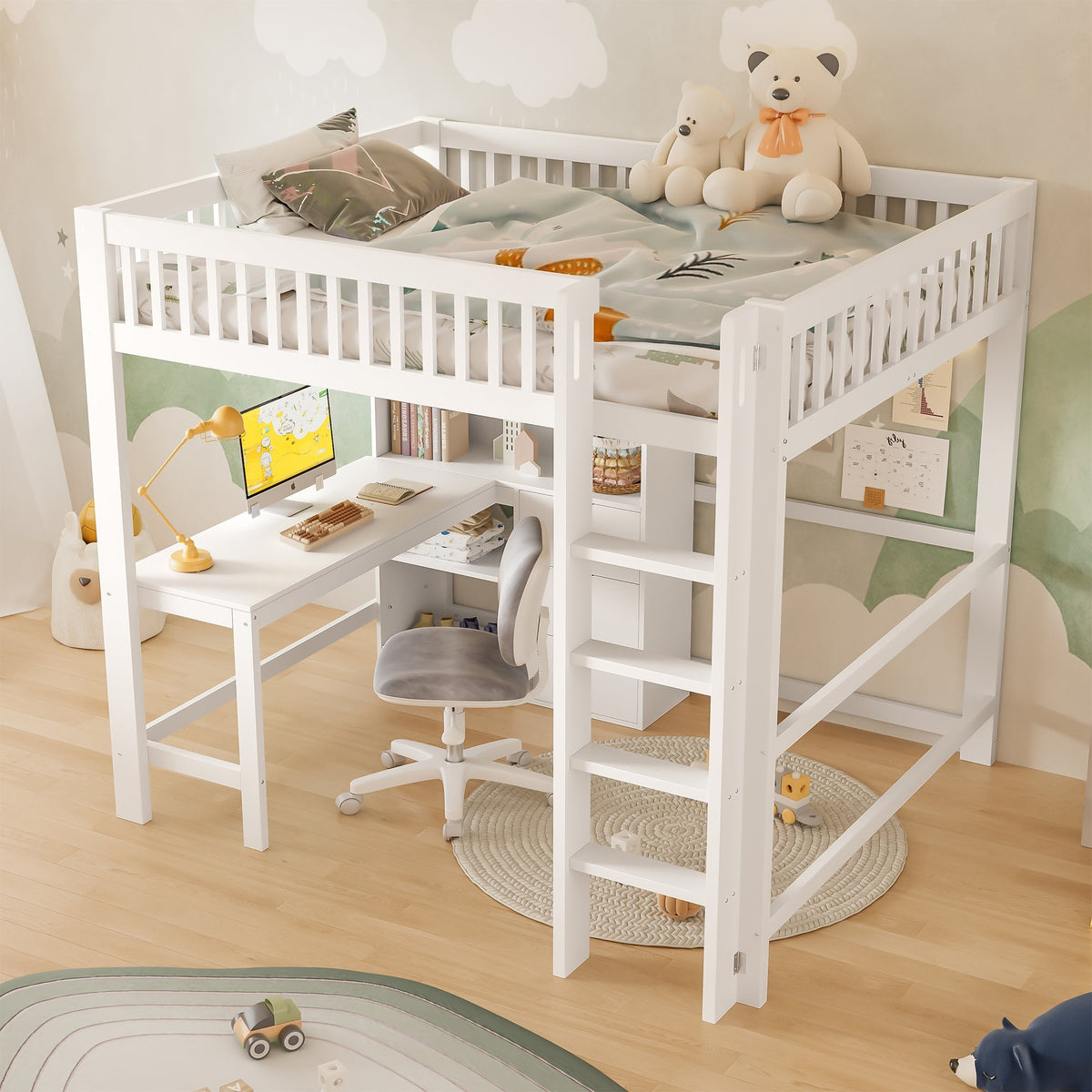 Loft Bed 140x200cm Storage Ladder Desk 3 Drawers, White