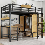 Iron Loft Bed, 90x200cm, Wardrobe Desk Stairs Storage, Black/Natural Iron + MDF