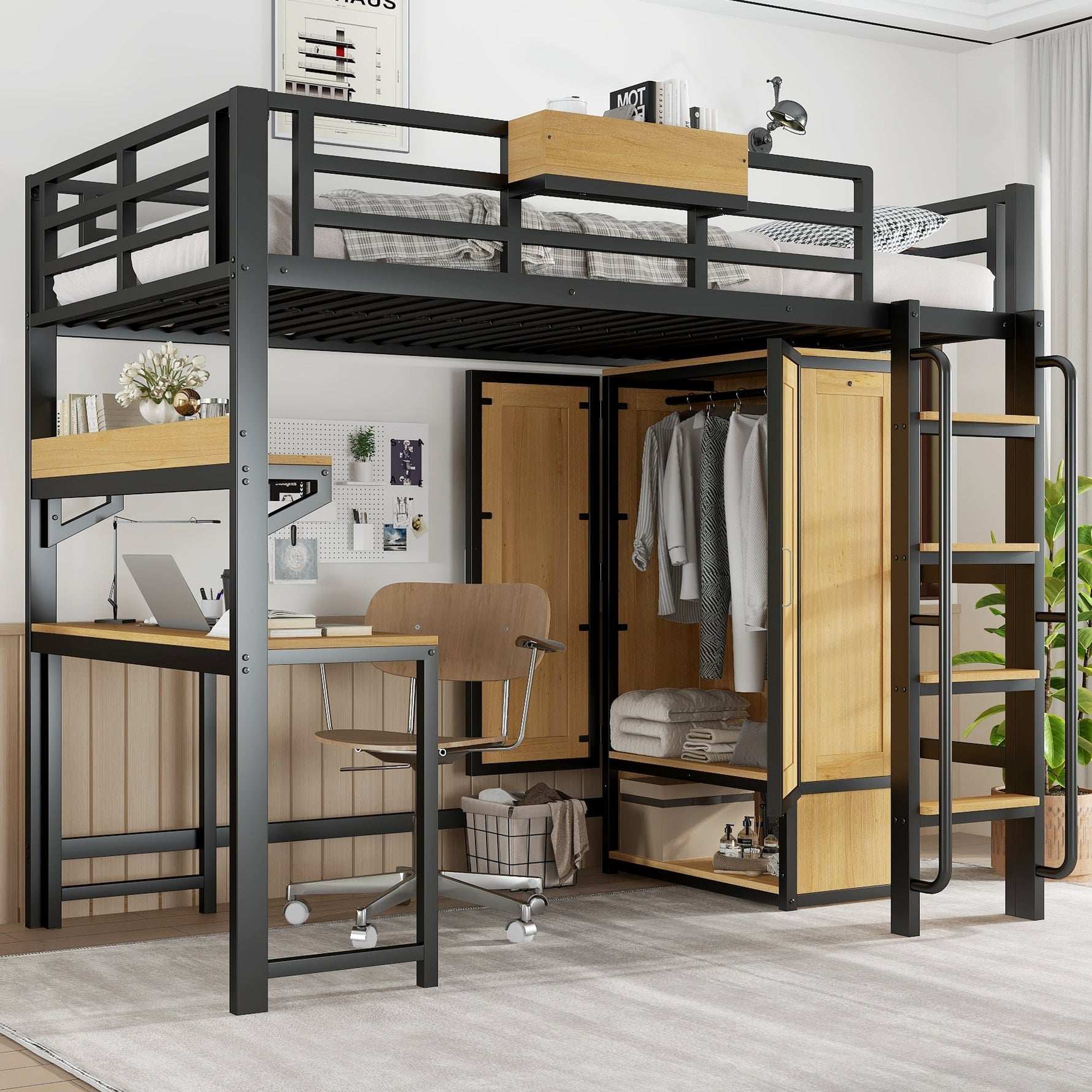 Iron Loft Bed, 90x200cm, Wardrobe Desk Stairs Storage, Black/Natural Iron + MDF