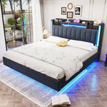 Upholstered Bed, 140x200, LED & USB, Storage Headboard, Floating Design, Grey Linen
