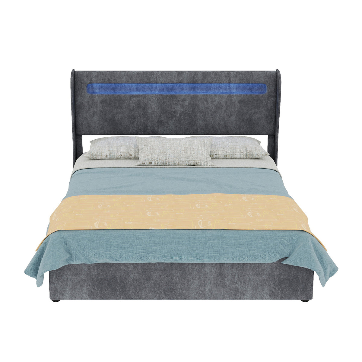 Modern Upholstered Bed with LED & Storage, 140x200 cm, Grey