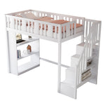 Loft Bed, 90x200cm with Storage Stairs, Functional Wooden Bed, White