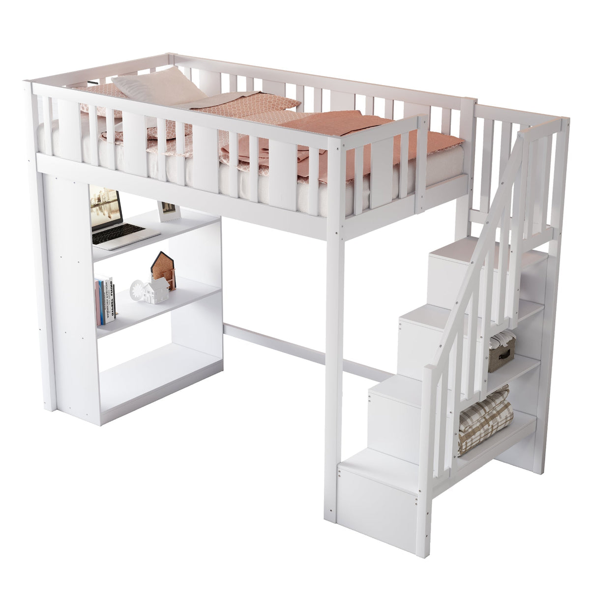 Loft Bed, 90x200cm with Storage Stairs, Functional Wooden Bed, White