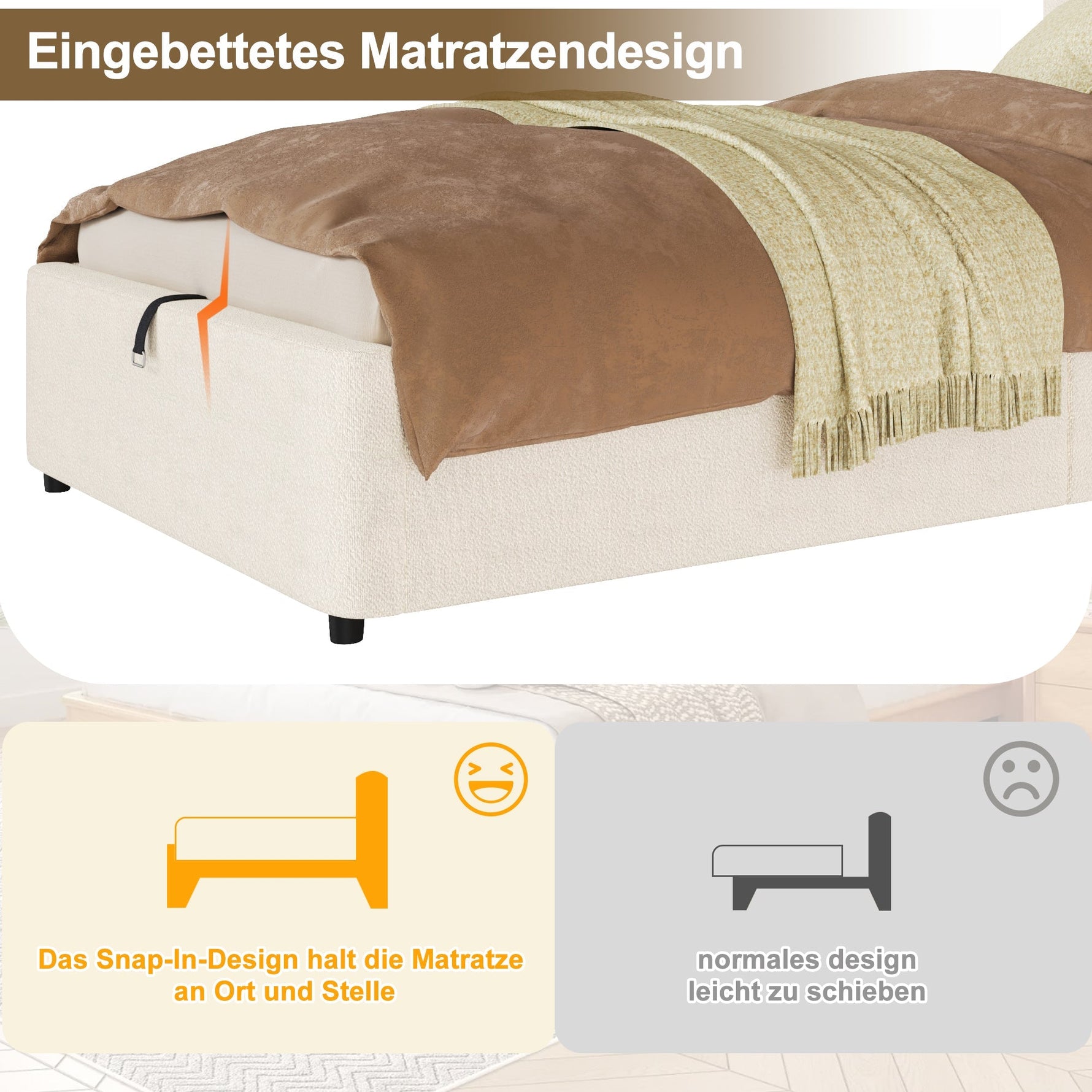 Upholstered Bed, 90x200cm Single Children's Bed with Hydraulic Storage and Slatted Base, Beige Bouclé