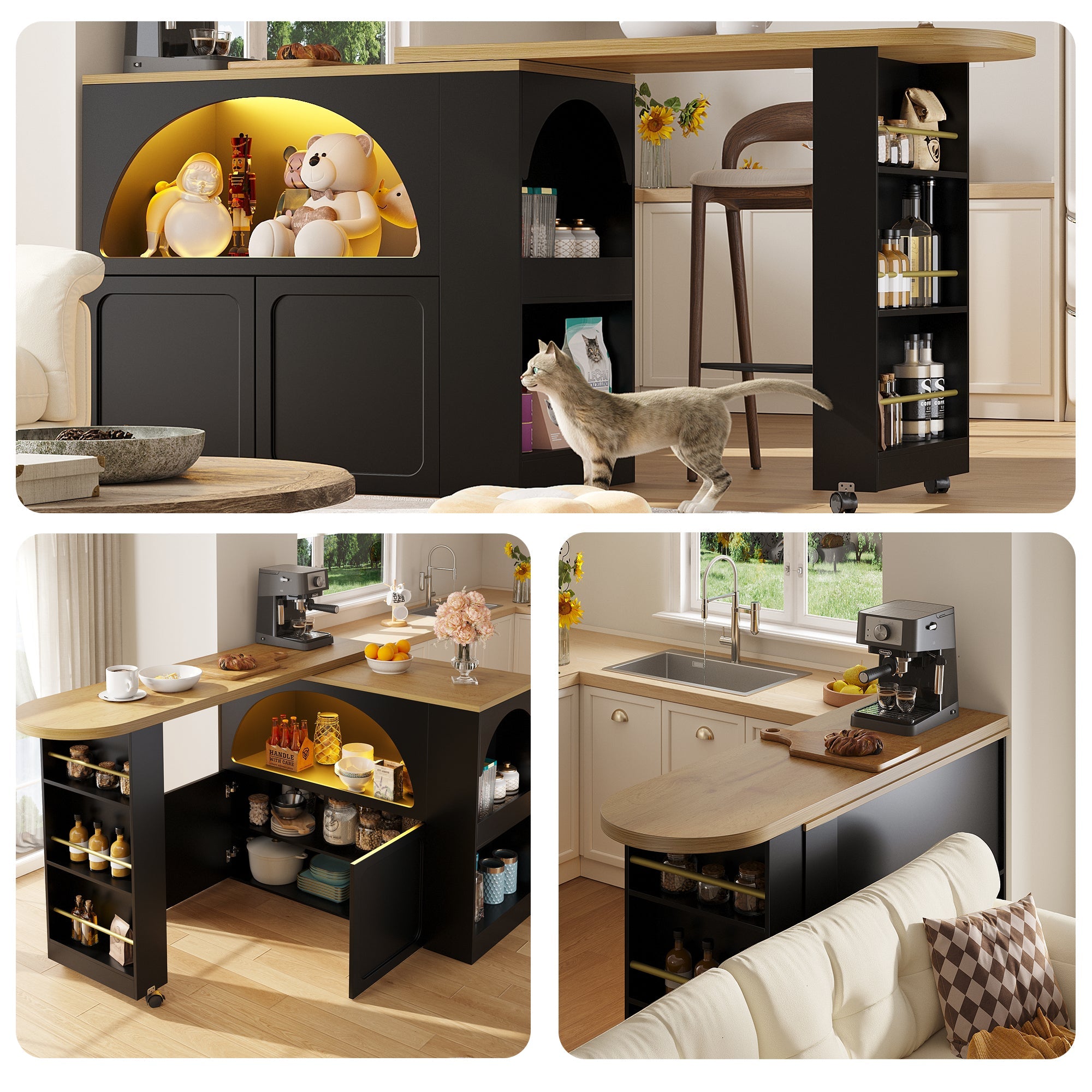 Extendable Bar Table with Storage, Movable, LED Lighting, Black