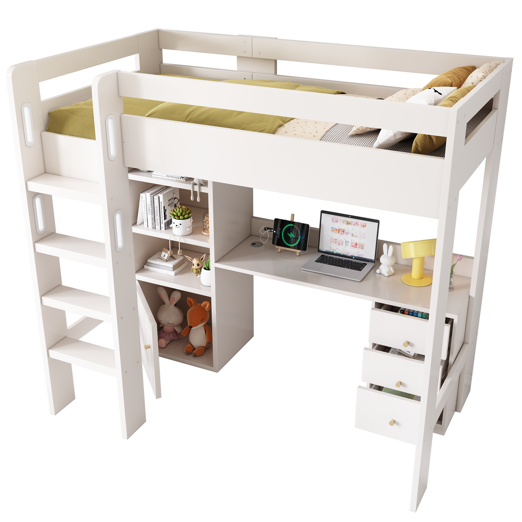 Children's Loft Bed, USB-C Desk, Wardrobe, Filing Cabinet, Stairs, Slatted Frame, Storage, 90x200