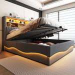 Upholstered Bed 180x200 Hydraulic Storage LED/USB Slatted Frame Linen Grey