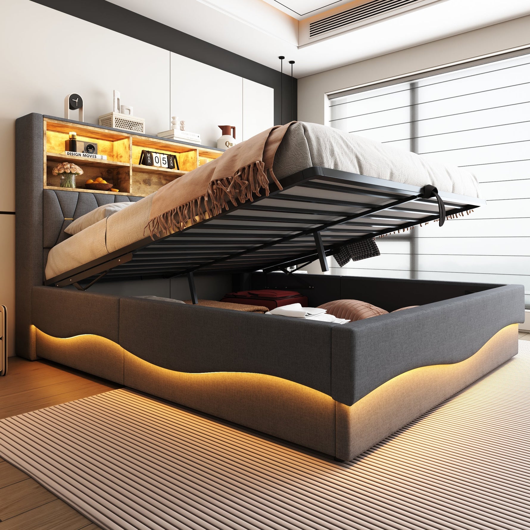Upholstered Bed 180x200 Hydraulic Storage LED/USB Slatted Frame Linen Grey
