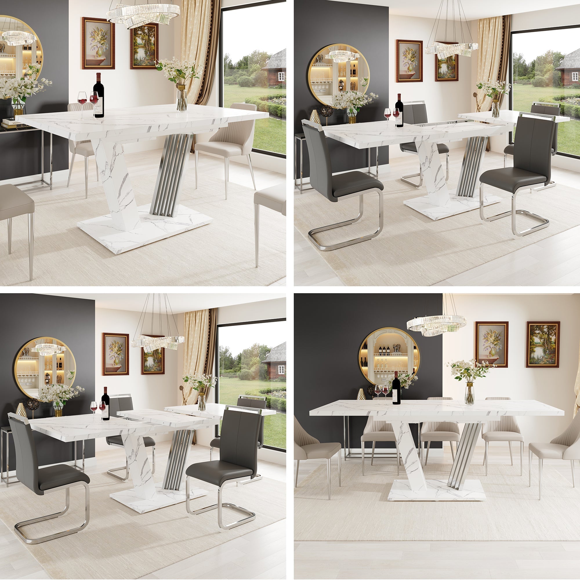 Extendable Dining Table with Butterfly Frame and Leaf, Marble Top and Metal