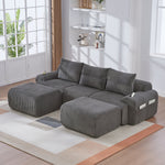 Modular Corduroy Sofa - 3-Seater with 2 Ottomans, Cup Holders, Storage Pocket - Dark Grey
