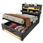 Upholstered Single Bed 90*200, Storage Headboard with USB & LED, Hydraulic, Gray Linen