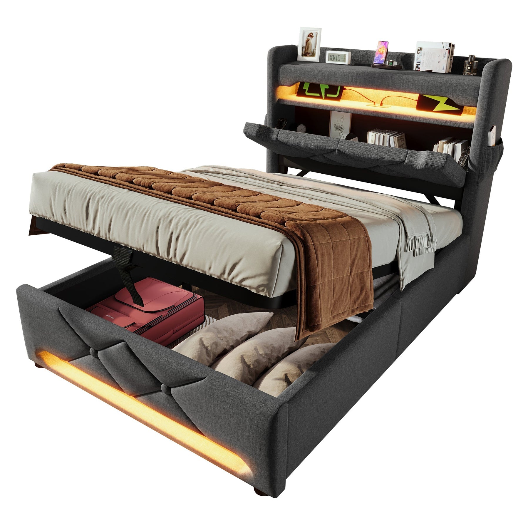 Upholstered Single Bed 90*200, Storage Headboard with USB & LED, Hydraulic, Gray Linen