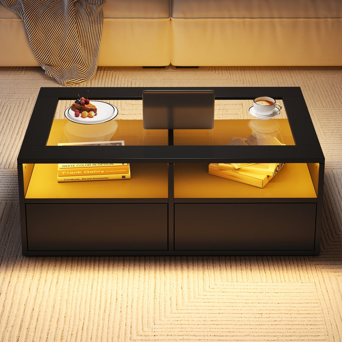 Coffee Table 100x50x35cm LED Light 2 Drawers Glass Storage Black