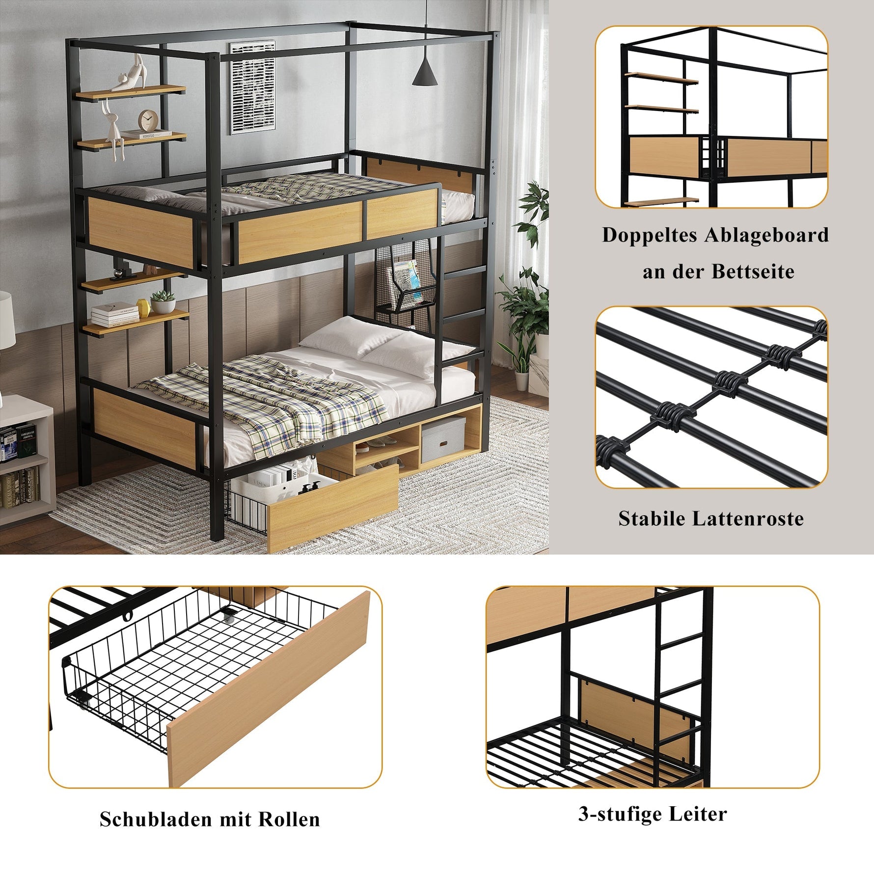 Bunk Bed, Iron & MDF, Double Shelf, Under Bed Storage, Black & Natural