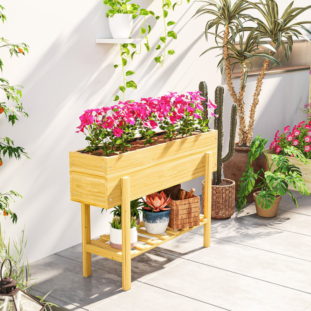 Raised Bed with Shelf, Herb & Vegetable Planter, Natural Wood