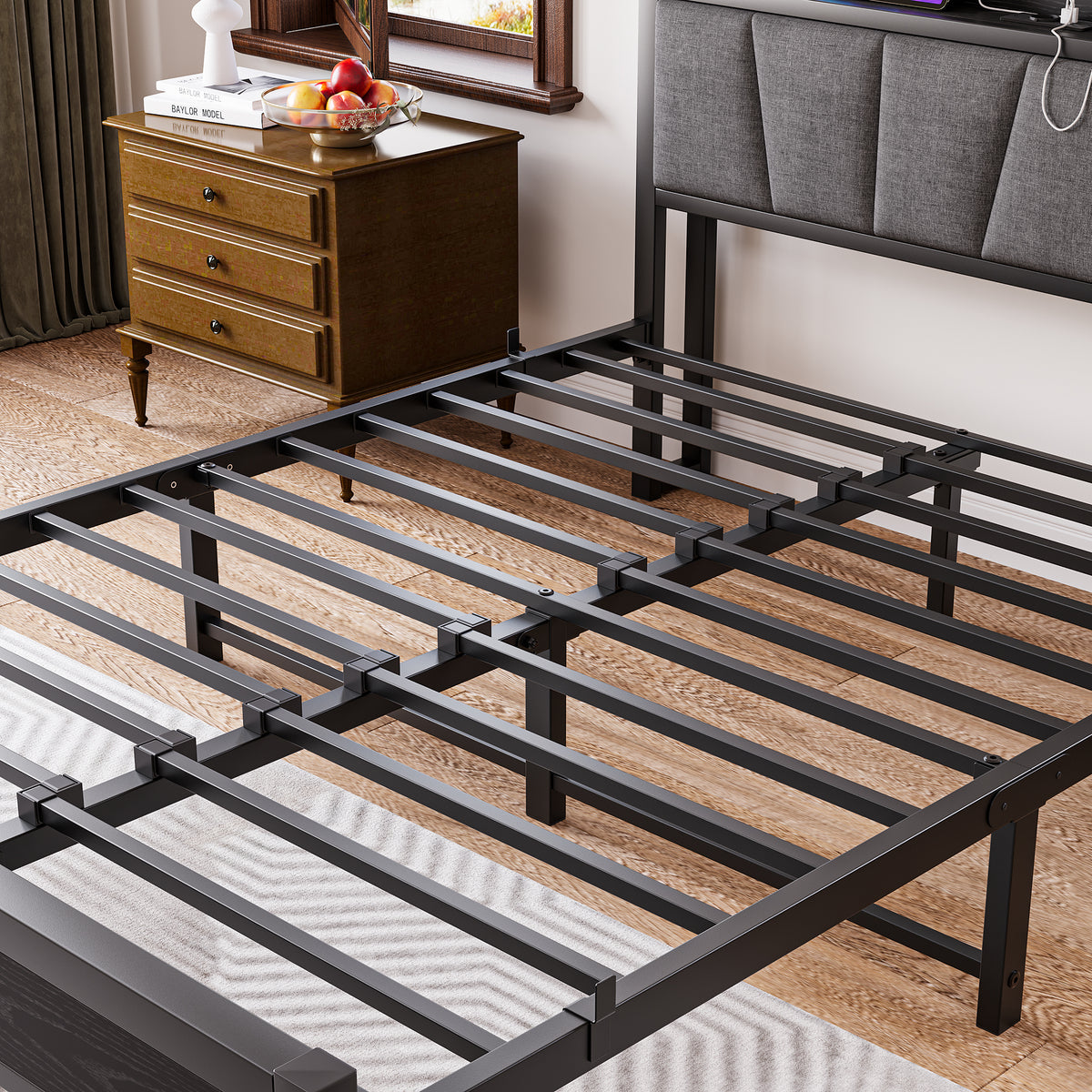 Bed Frame 140x190cm with LED Light & USB Station, Metal
