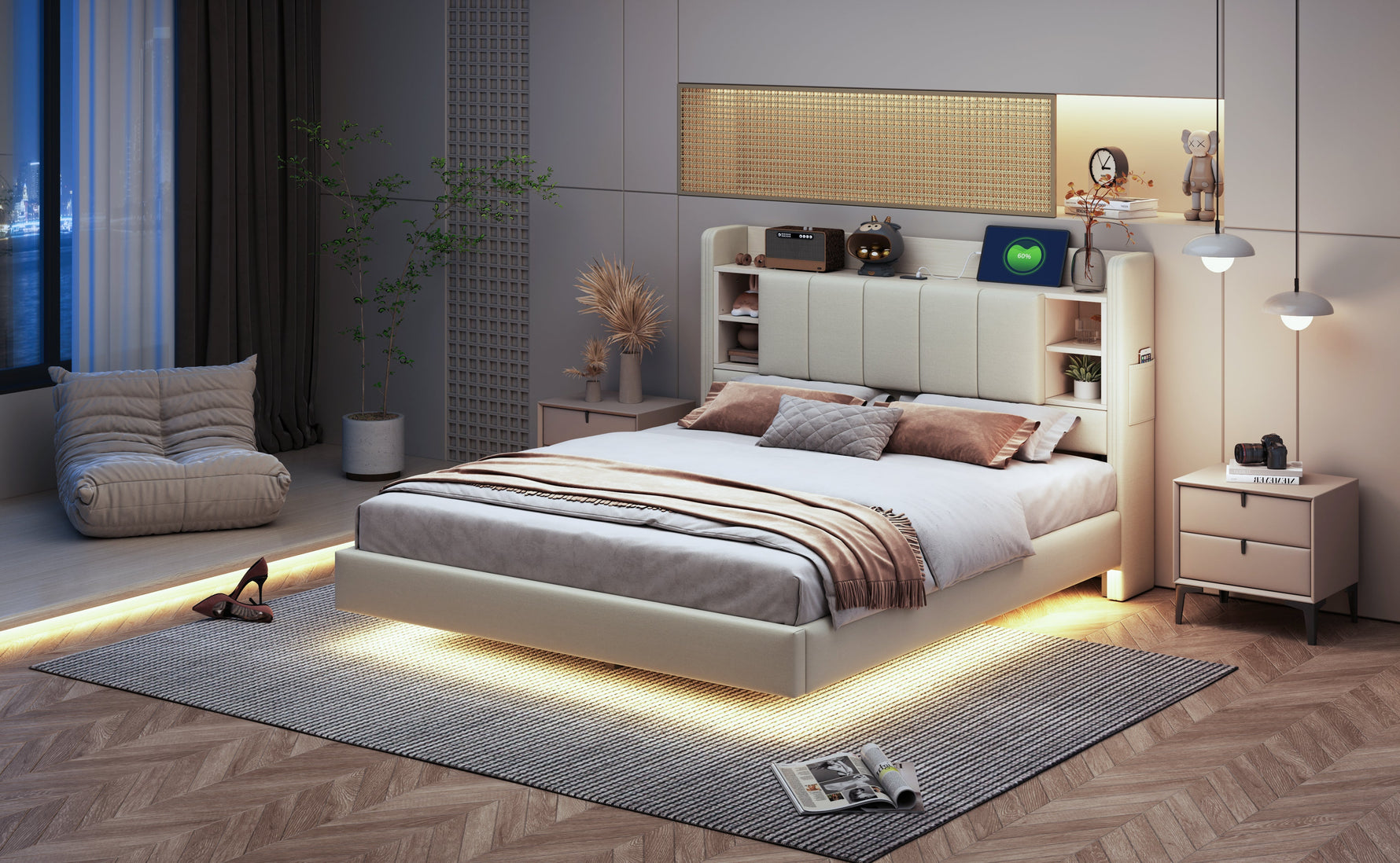 Upholstered Bed 140 x 200 cm, USB, Light Strip, Reversible Headboard, Storage, Metal Frame, Linen Fabric, Beige