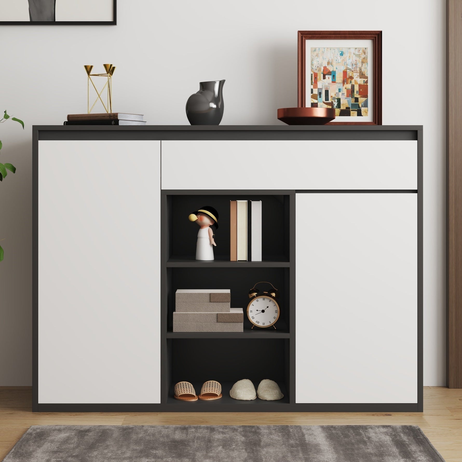 Shoe Cabinet, 2 Doors 1 Drawer Adjustable Rack, Black/White Modern Design