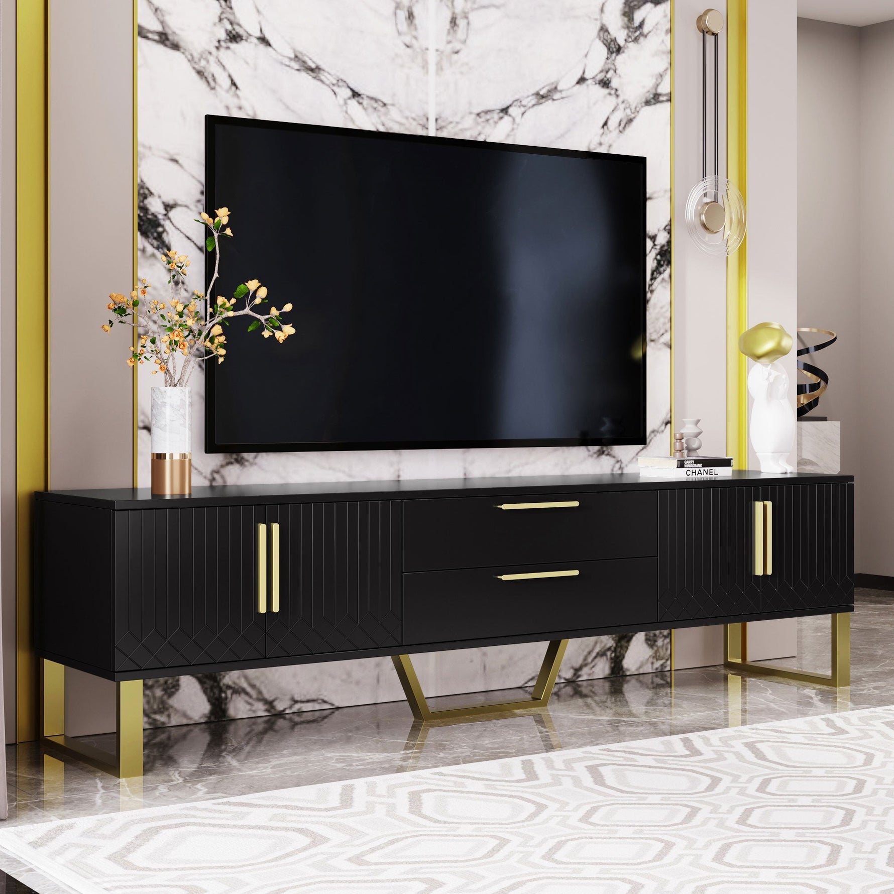 TV Cabinet High-Gloss Engraved Door Storage Gold Handles/Feet