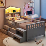 Children's Bed with 4 Drawers, LED Lights, USB and Type-C Charging Ports, 90x200cm, Grey Solid Wood