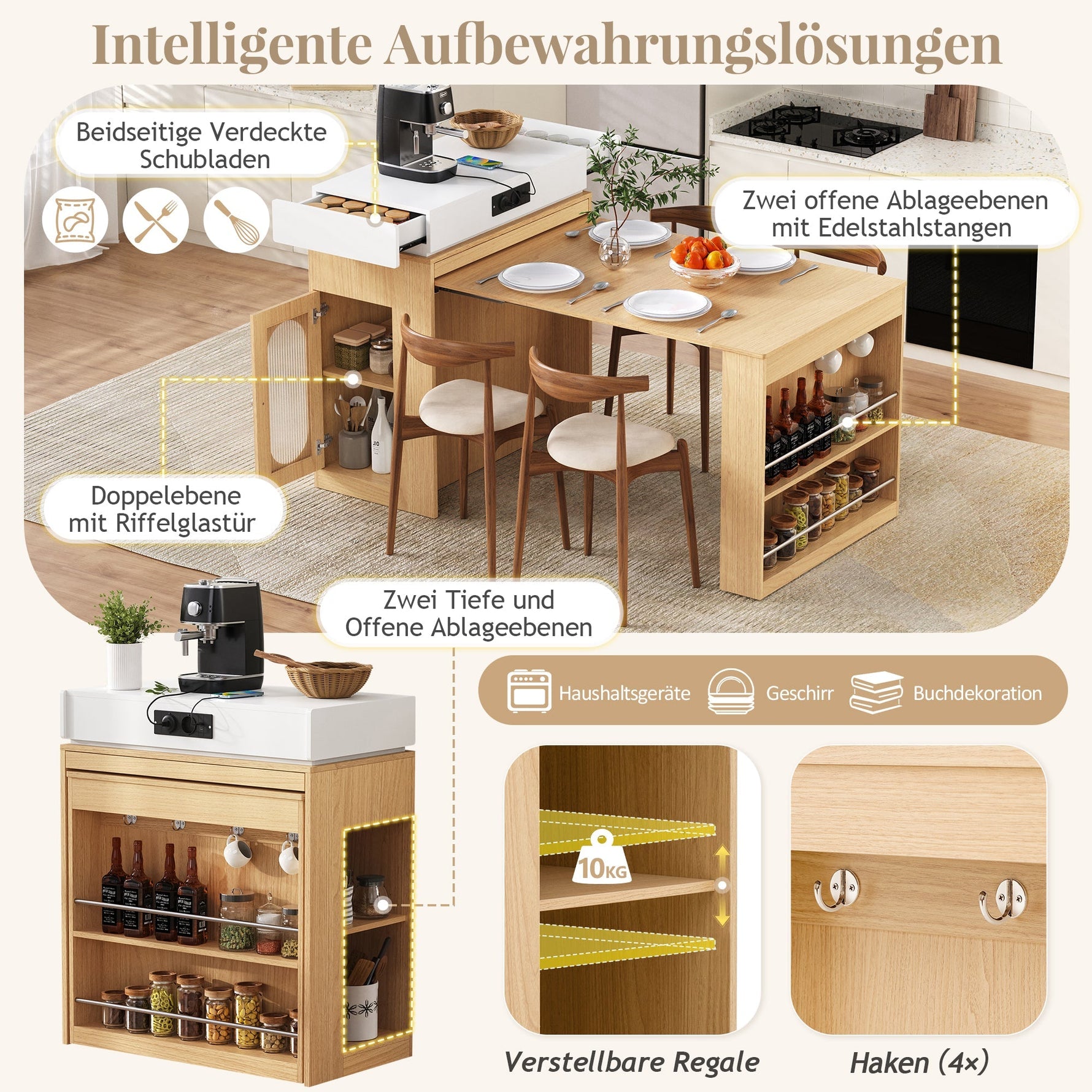 Kitchen Island on Wheels Extendable Dining Table Power Strips & Hooks - Natural