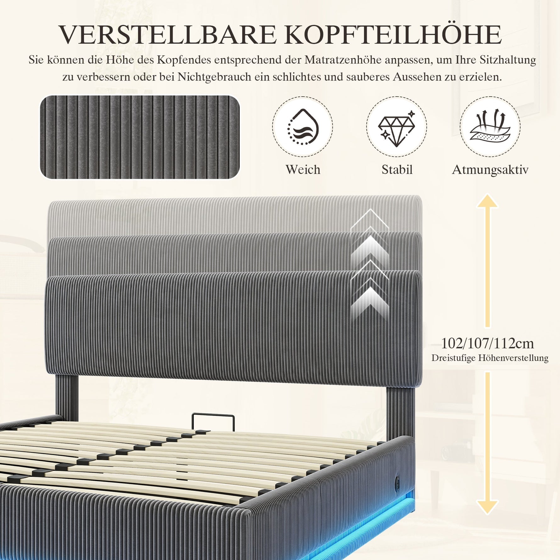 Modern Upholstered Bed with LED Lighting, USB-C and Storage, 160x200 Gray Corduroy