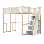 Loft Bed 140x200cm with Safety Ladder Railing & Storage Solid Pine Wood Color