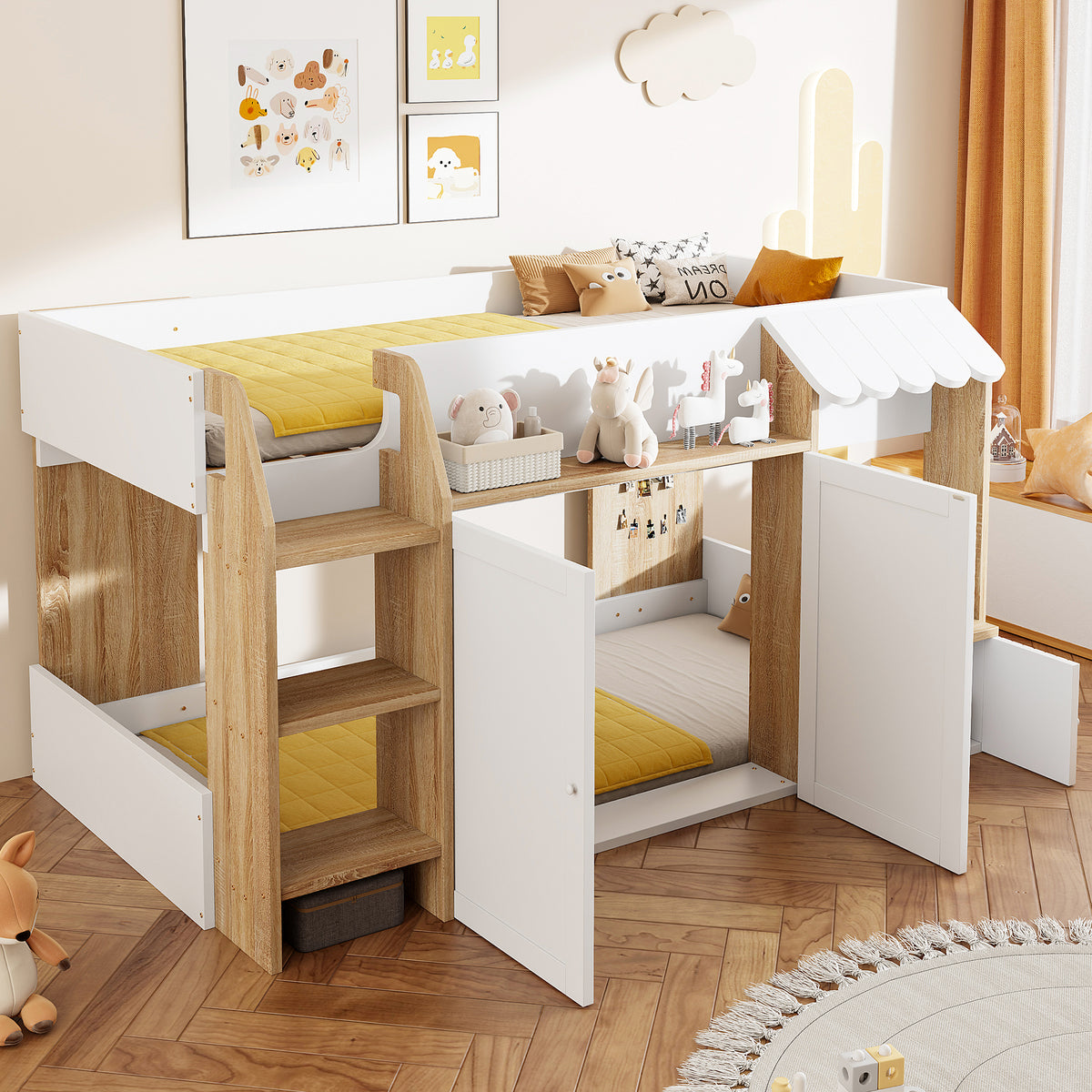 Children's House Bed 90x200cm with Storage & Ladder, Solid Wood