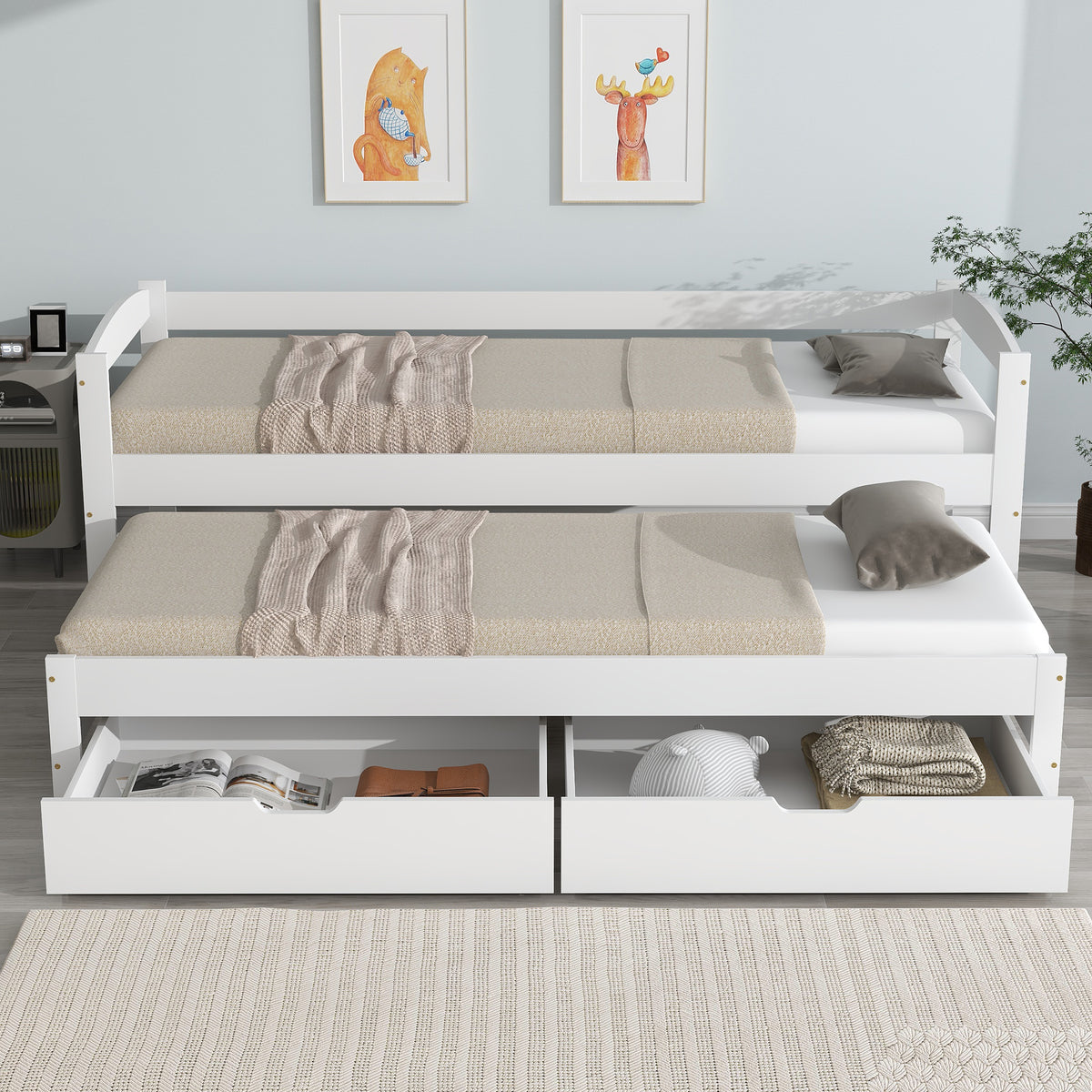 Daybed 90x200cm with Trundle & 2 Drawers, White Solid Wood