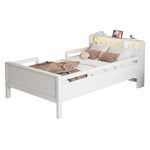 Wooden Bed, 90x200cm Multifunctional with USB & LED, Pinewood White