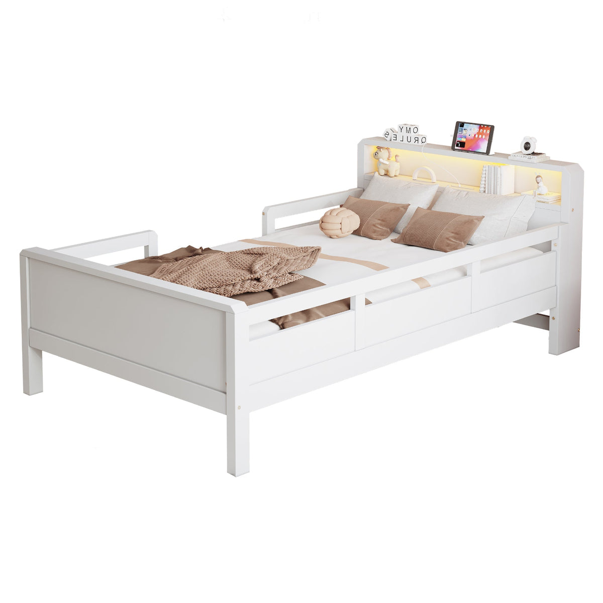 Wooden Bed, 90x200cm Multifunctional with USB & LED, Pinewood White