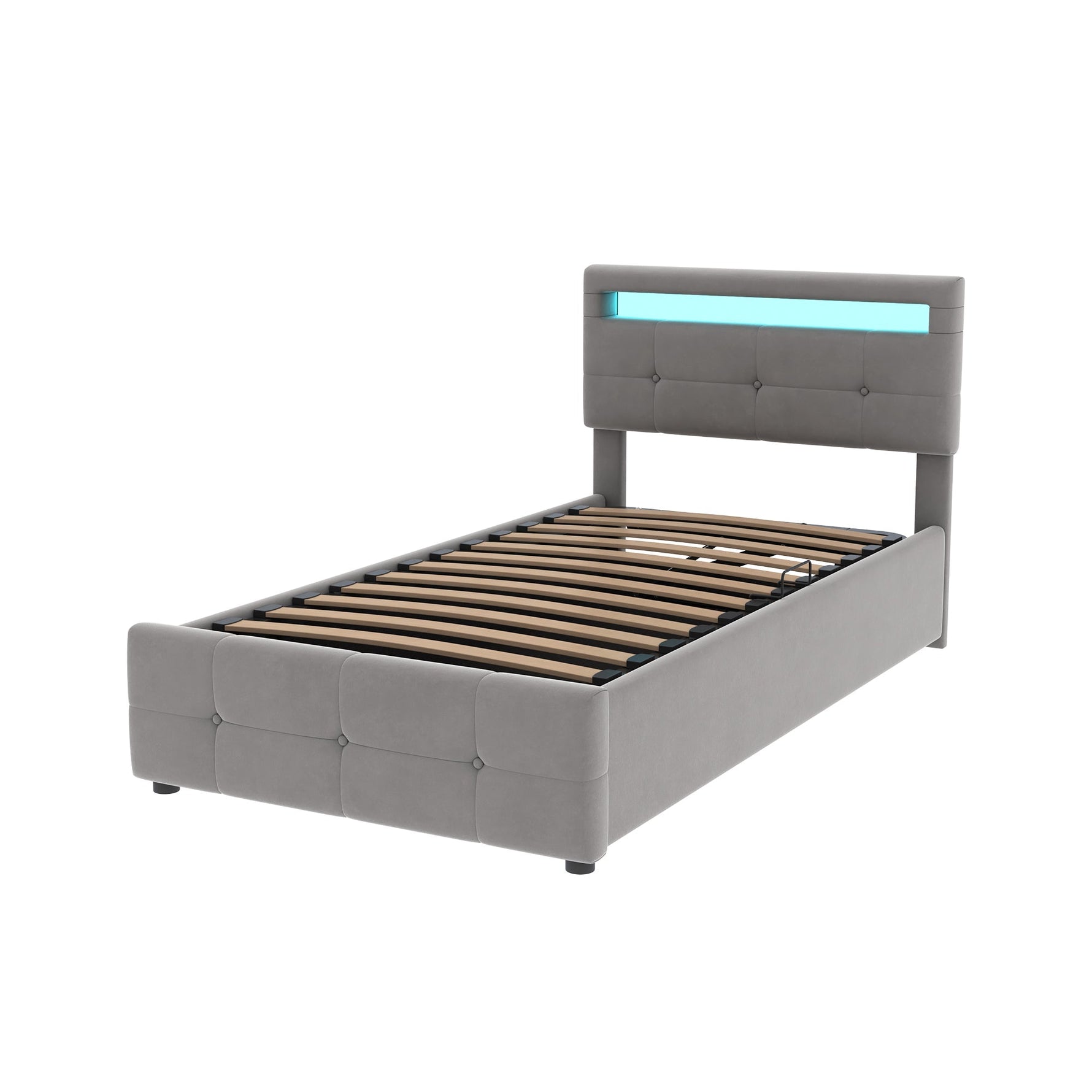 Upholstered Children's Bed, 90x200 cm with LED, Hydraulic Storage, Adjustable Headboard, Velvet Grey