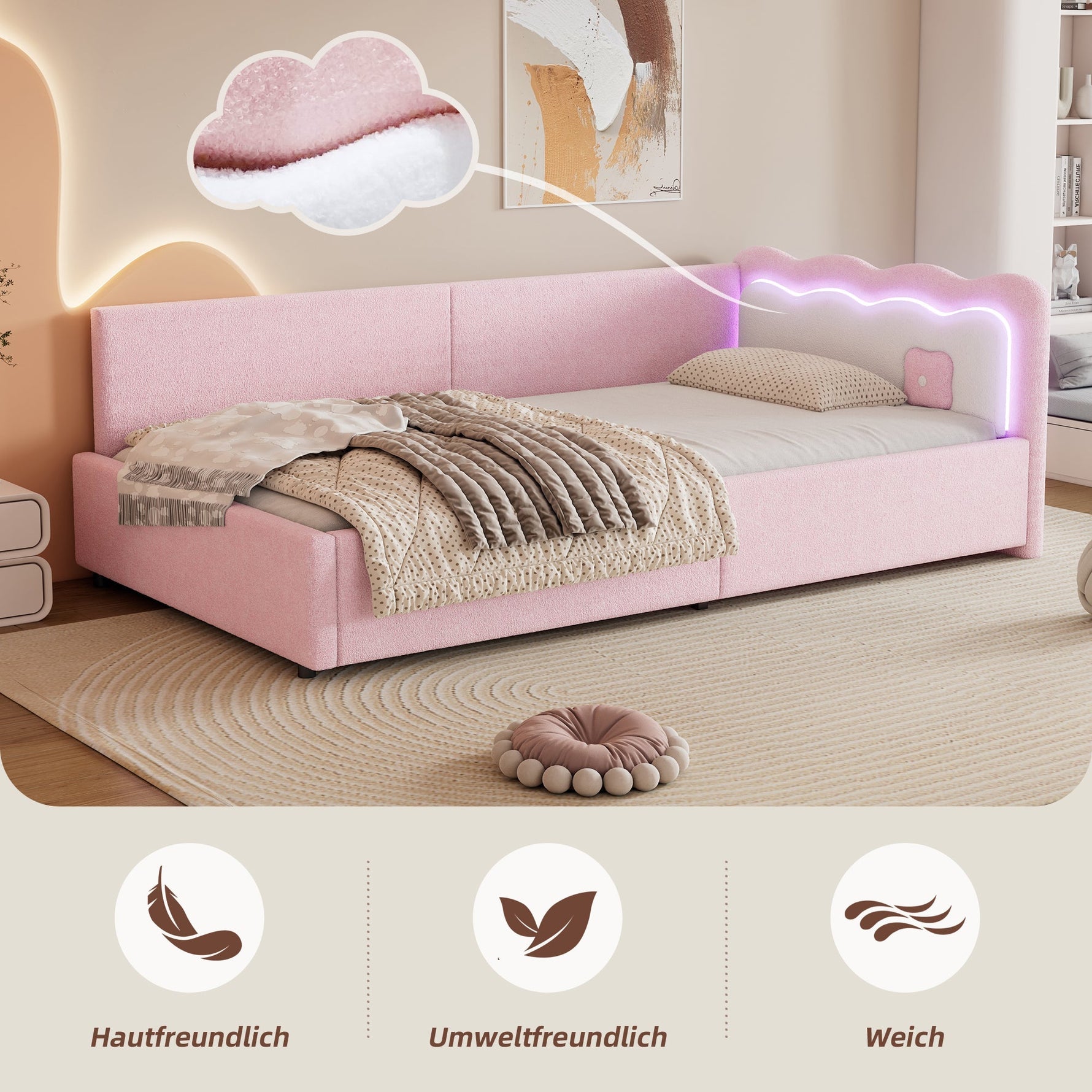 Daybed Sofa Bed with LED Ambient Light and Slatted Base, Pink Imitation Fleece