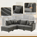 Modern Modular Corner Sofa, 5-Seater with Convertible Footstool, Cotton and Linen Grey