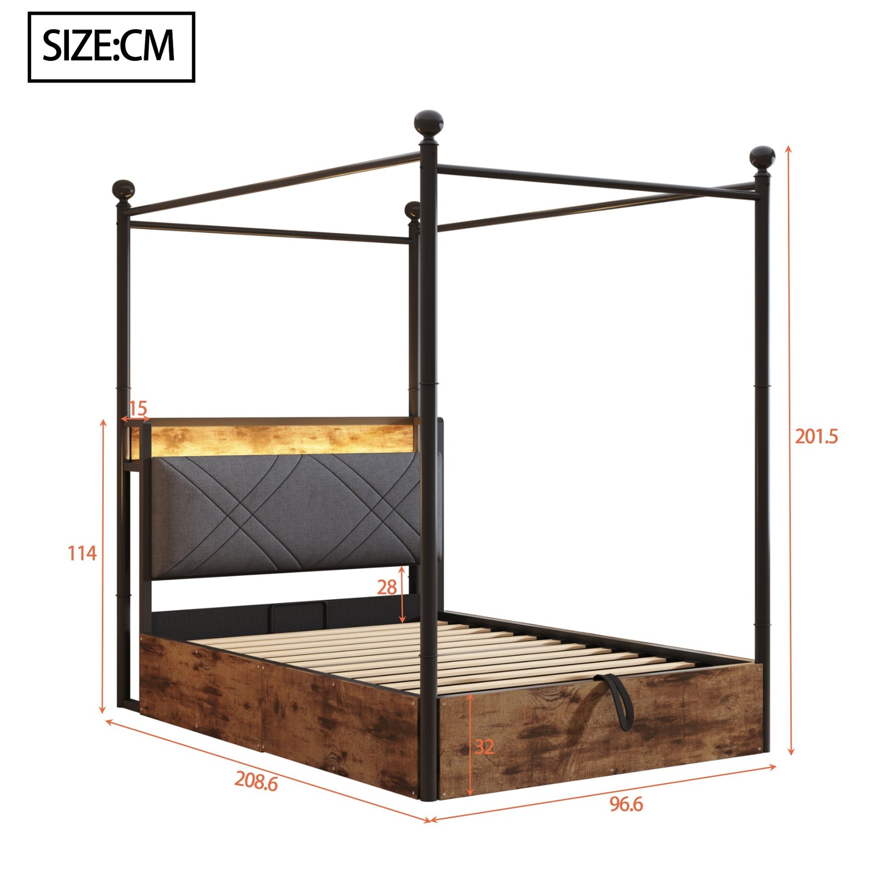 Multifunctional Single Bed 90x190 Hydraulic Storage Canopy LED/USB, Iron Black
