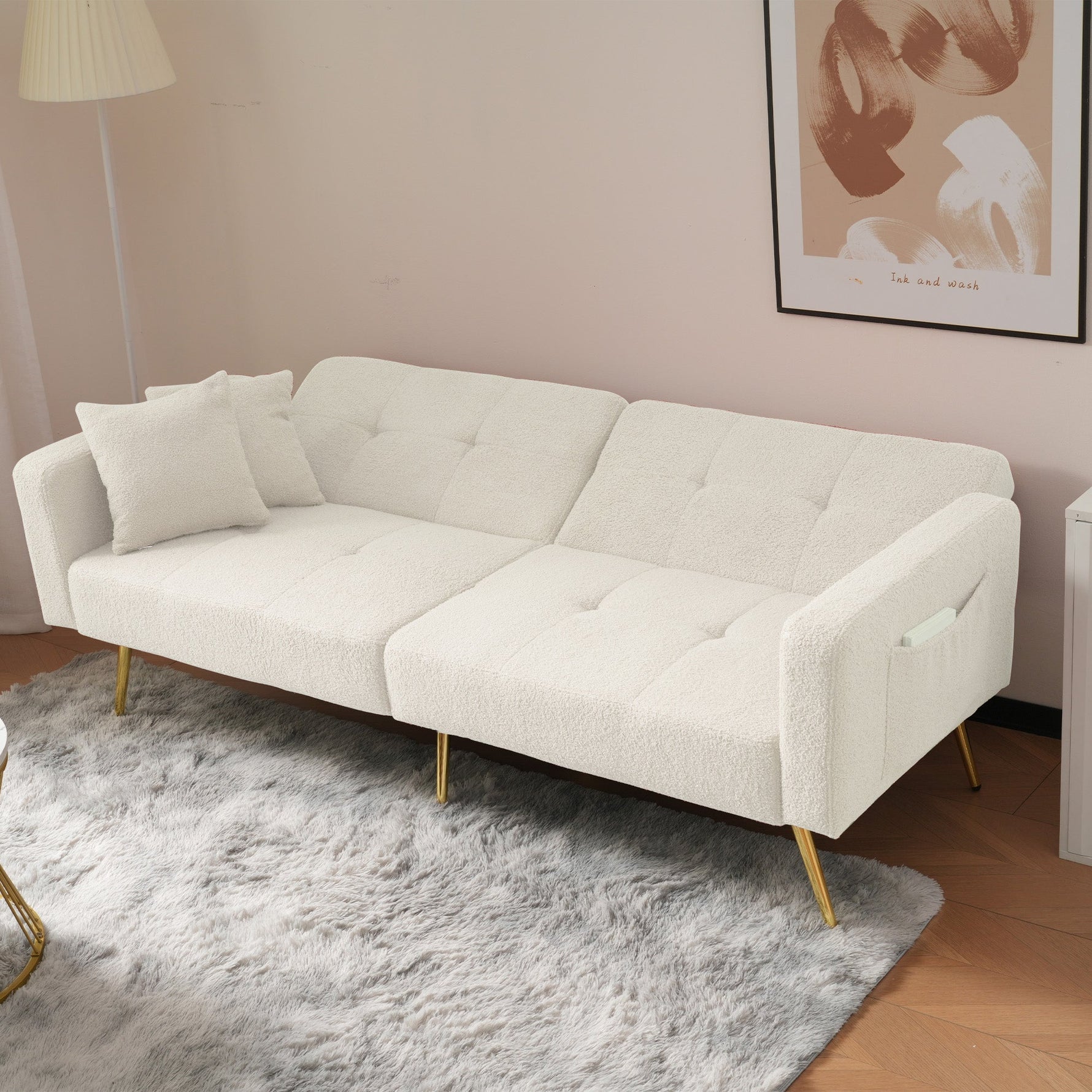 Sofa Bed Adjustable Angle Gold Legs Storage Pockets Fabric