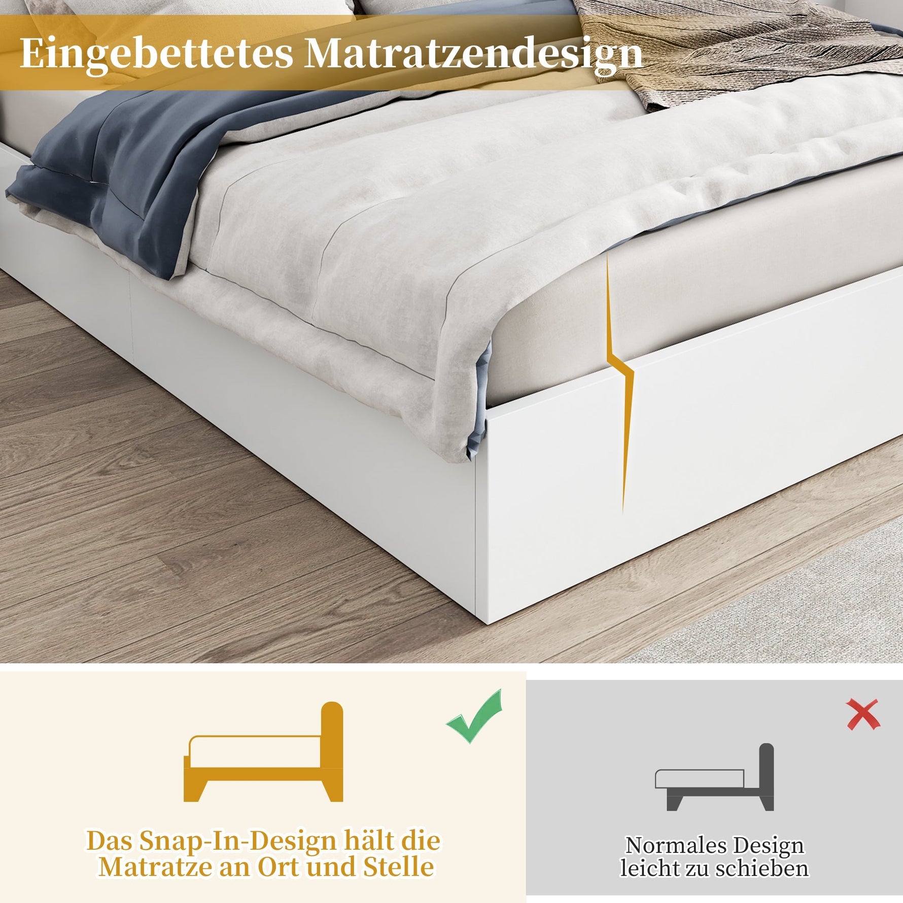 Double Bed with USB, Clock, Bluetooth Speaker and LED, 160x200cm, White Wood
