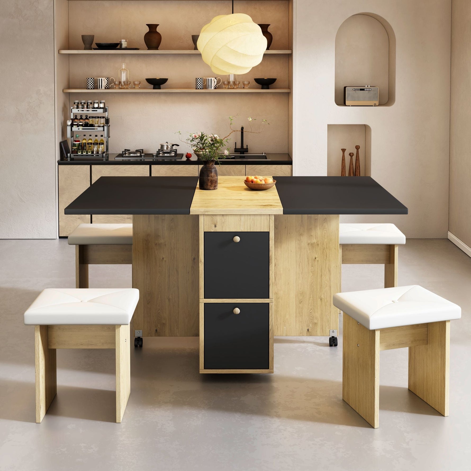 Dining Table Set with 4 Chairs, Folding and Extendable Table, 120x80x75cm, White, Oak and Black