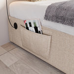 Upholstered Single Bed 90×200 cm Storage Frame USB-C Slatted Base, Linen Natural