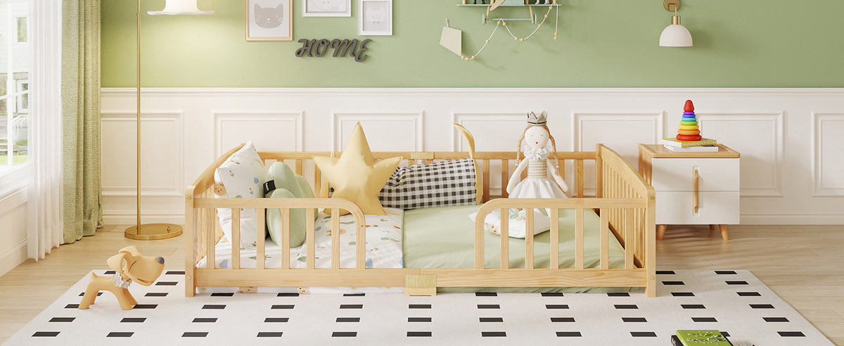 Floor Bed 140x200cm with Safety Railings, Natural Pine Wood