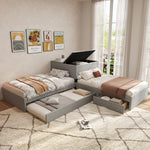 Corner Bed with Trundle & Storage, 90x200 cm, Grey Linen