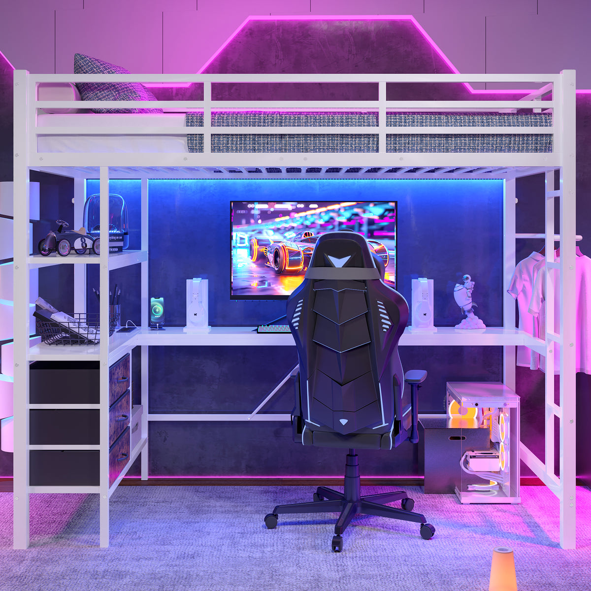 Loft Bed 90x200cm with Desk, LED Lights & Drawers, White