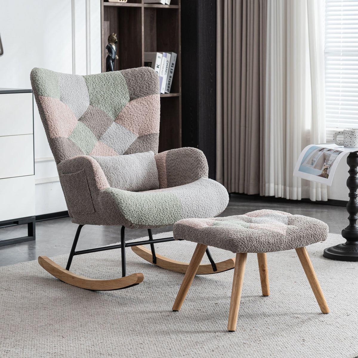 Rocking Chair with Footrest & Lumbar Cushion, Sturdy Rubberwood, Multicolored