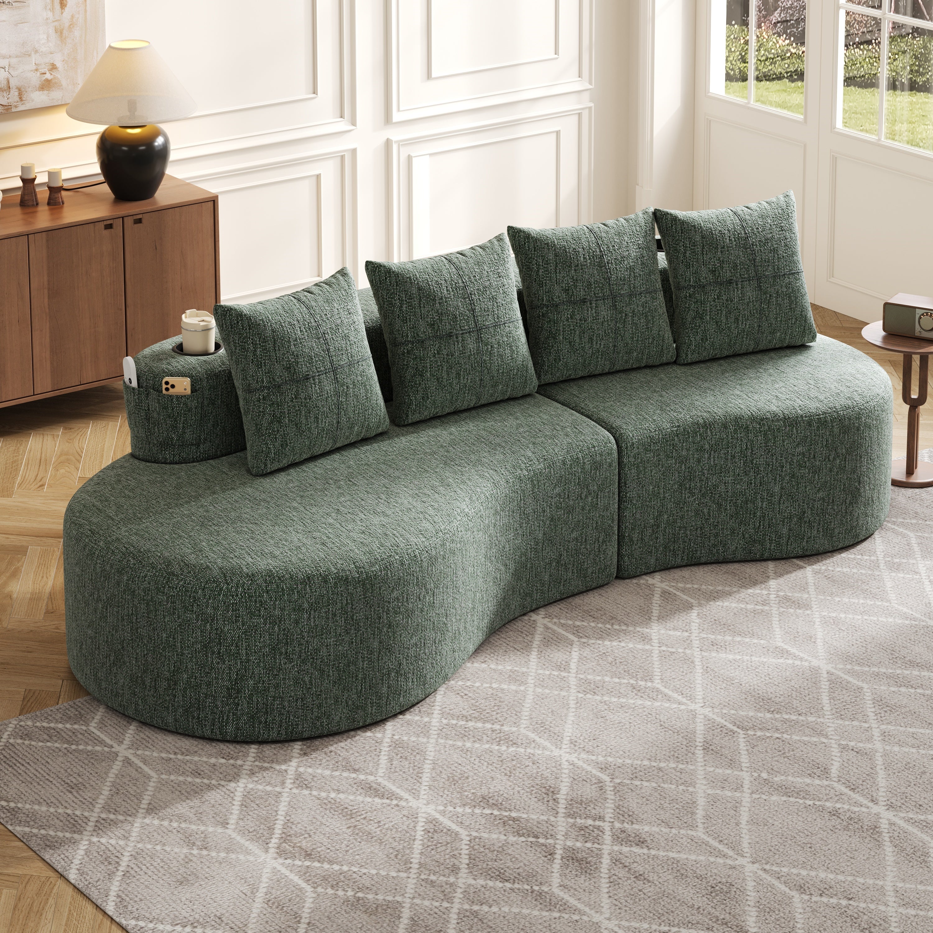 Linen Sofa with 4 Cushions, Cup Holder and Side Pocket, Green